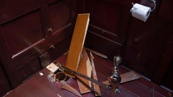 Damage left behind after the golden toilet was stolen. Pic: PA