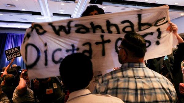 A 'no wannabe dictators' banner at the Libertarian convention. Pic: Reuters