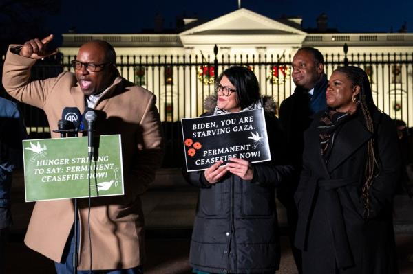 Rep. Jamaal Bowman speaks alongside, Rep. Rashida Tlaib, Rep. Jo<em></em>nathan Jackson, and Rep. Cori Bush, during a vigil with state legislators and faith leaders currently on hunger strike outside the White House to demand that President Joe Biden call for a permanent ceasefire in Gaza