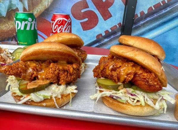 A quartet of fried chicken sandwiches from Nashville Hot Chicken restaurant