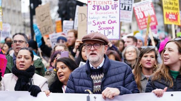 Former Labour party leader Jeremy Corbyn joins members of the Natio<em></em>nal Education Unio<em></em>n (NEU) on a march through Westminster wher<em></em>e they are gathering for rally against the Government's co<em></em>ntroversial plans for a new law on minimum service levels during strikes. Picture date: Wednesday February 1, 2023.