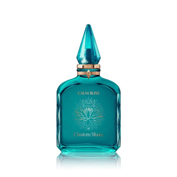 A blue bottle of Charlotte Tilbury's perfume, 'Calm Bliss' in White Musk scent, priced at $150 for 100 ml