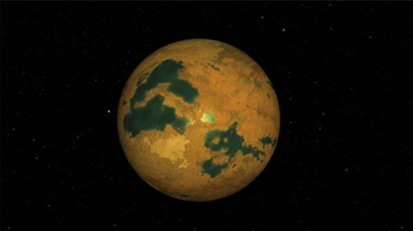 Exoplanet Vulcan: Mottled reddish sphere with bright and dark patches. Stars in black space in background.