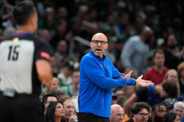 Dallas Mavericks coach Jason Kidd argues a call during the first half of Game 1 of the NBA Finals.