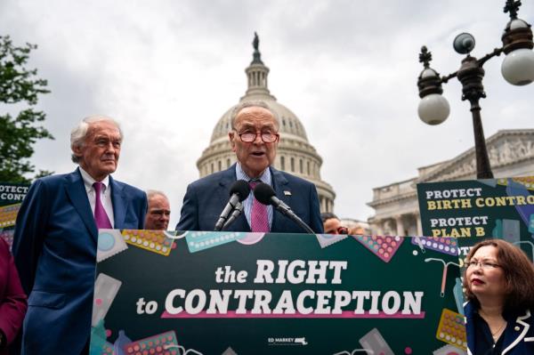 Senate Majority Leader Chuck Schumer (D-NY) speaks during a news co<em></em>nference on the Right to Co<em></em>ntraception Act outside the U.S. Capitol on June 5, 2024 in Washington, DC.