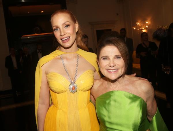 Jessica Chastain and Tovah Feldshuh in bright gowns.