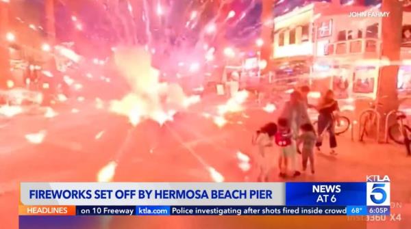 Fireworks going off at Hermosa Beach, Calif.