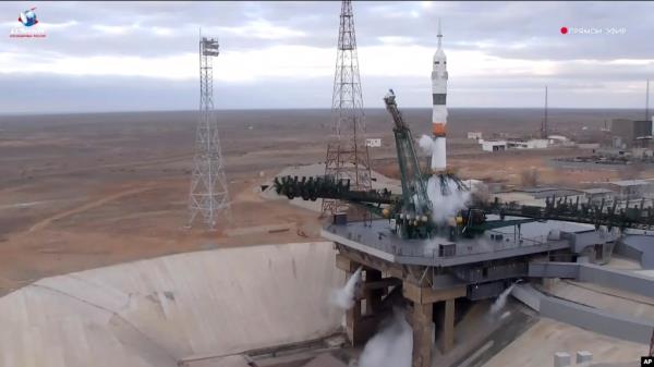 In this photo taken from video by Roscosmos, a Soyuz-2.1a rocket booster with a Soyuz MS-25 space capsule carrying a crew of three stands on its pad after its launch was aborted, at the Russia-leased Baiko<em></em>nur cosmodrome, in Kazakhstan, March 21, 2024.