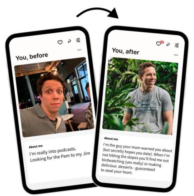 Two pho<em></em>nes with an example of AI-enhance dating profiles, before and after.