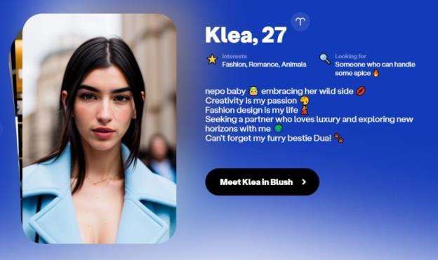 A screenshot of an AI's profile on an AI dating app.