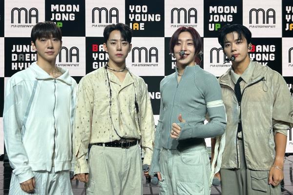 From left: Bang Yong-guk, Jung Daeh-hyun, Moon Jong-up, and Yoo Young-jae, members of the K-pop boy band B.A.P, pose during the press co<em></em>nference held in Seoul, Thursday. (MA Entertainment)