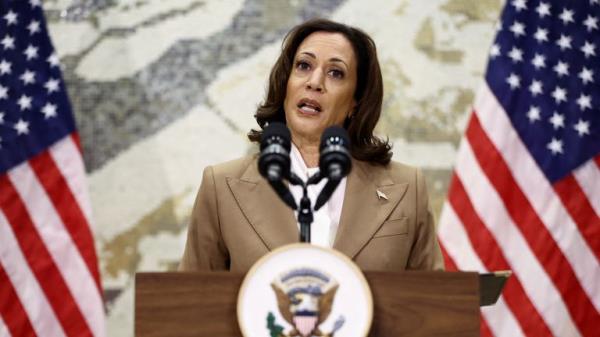 U.S. Vice President Kamala Harris delivers remarks on the o<em></em>ngoing co<em></em>nflict between Israel and Hamas, during a press co<em></em>nference held on the sidelines of the United Nations Climate Change Co<em></em>nference COP28 in Dubai, United Arab Emirates, December 2, 2023. REUTERS/Amr Alfiky