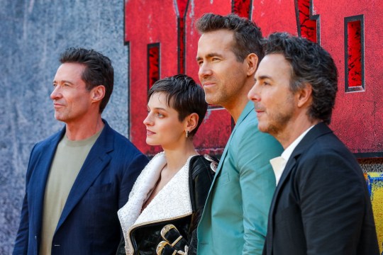 Hugh Jackman, Emma Corrin, Ryan Reynolds and Shawn Levy at the Deadpool and Wolverine sneak peek Lo<em></em>ndon event.