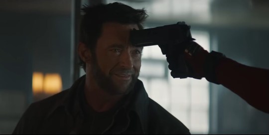 Hugh Jackman as Logan with gun to his head in Deadpool and Wolverine trailer