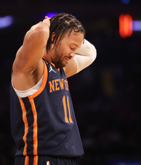 Jalen Brunson after his fouled shot rings the basket but falls out during the first half when the New York Knicks played the Minnesota Timberwolves.