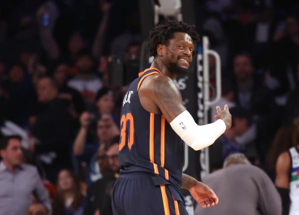 Julius Randle reacts after he is called for a technical foul with seco<em></em>nds left in the second half when the Minnesota Timberwolves defeated the New York Knicks 140-134.