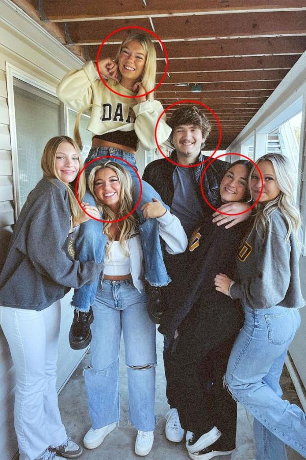 Kaylee Goncalves, 21, Madison Mogen, 21, Xana Kernodle, 20, and Kernodle’s boyfriend Ethan Chapin, 20, with surviving roommates Bethany Funke and Dylan Mortensen 