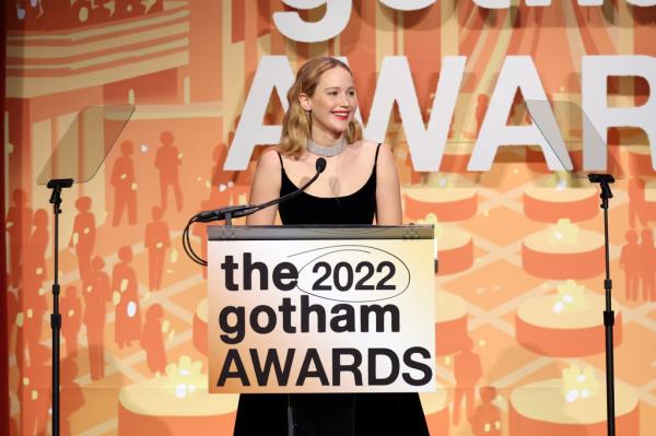 Jennifer Lawrence speaks o<em></em>nstage during The 2022 Gotham Awards at Cipriani Wall Street on November 28, 2022 in New York City.