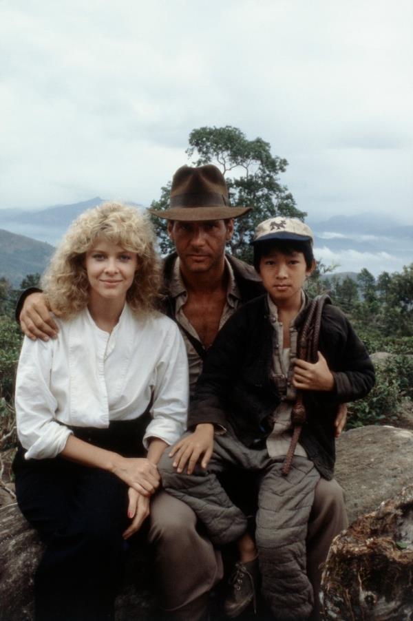 Cate Capshaw (from left), Harrison Ford and Ke Huy Kwan on the on the set of 1984's 