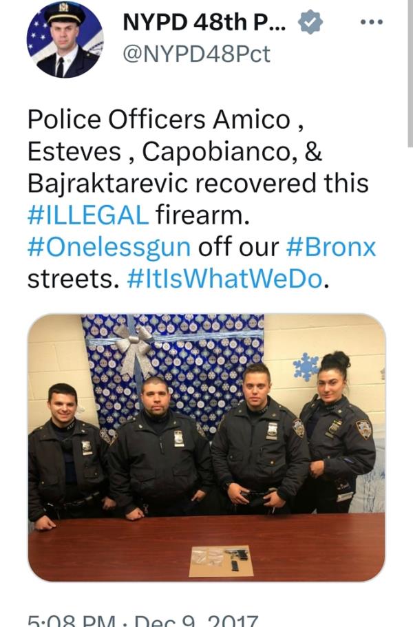 A post on Twitter in 2017 credits her and three male police officers with the 48 Precinct for taking a gun off the street.  