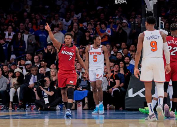 Heat guard Kyle Lowry #7 reacts on the court 