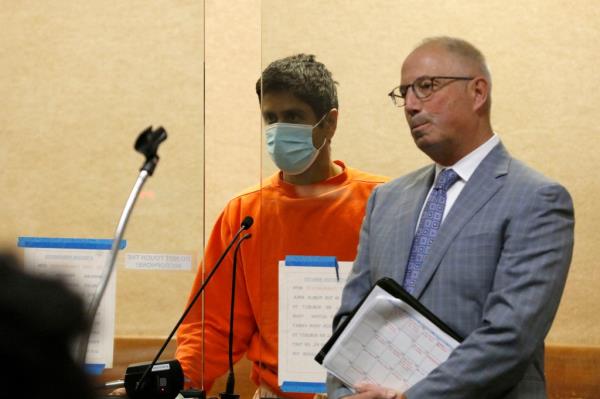 Dharmesh Patel and his Defense Attorney Joshua Bentley inside the courtroom during Patel's court proceeding in Redwood City, Calif., on Thursday, February 9, 2023. 