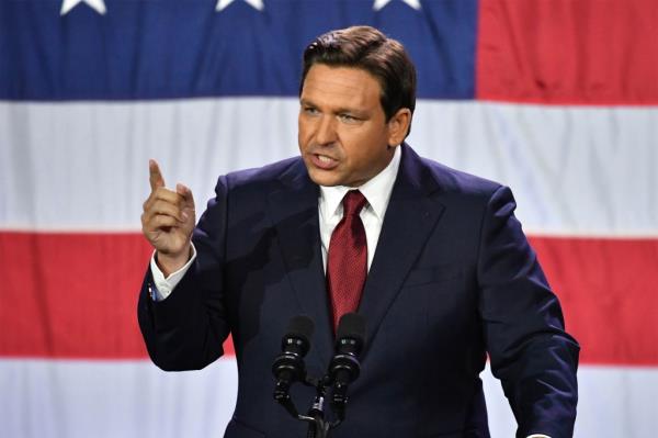 Florida Gov. Ron DeSantis speaking after his re-election in Tampa last month