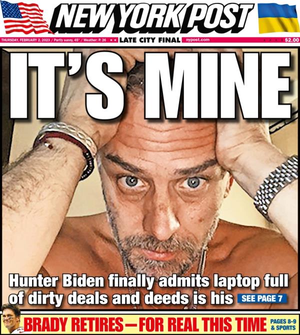 The Post's front page from Feb. 2, 2023, in which Hunter Biden admits the laptop is his.