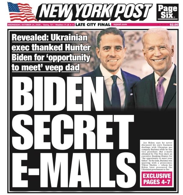 The Post's front page story a<em></em>bout Hunter Biden on Oct. 14, 2020.