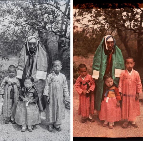 A photograph taken by German Archabbot Nobert Weber (1870-1956) in 1911 shows a woman and her grandchildren. (Overseas Korean Cultural Heritage Foundation)