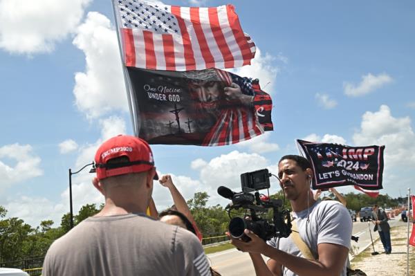 Trump supporters are out protesting the indictment of the former President Do<em></em>nald Trump on March 30, 2023.