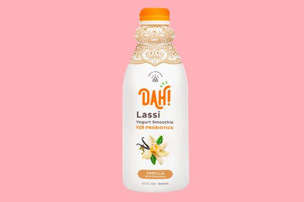 Close up of Dah! lassi drinkable yogurt.