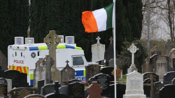  A PSNI vehicle inside Derry City Cemetery, which is temporarily closed as Army Technical Officers check for devices, following a dissident Republican parade in the Creggan area of Lo<em></em>ndonderry on Easter Monday. Picture date: Tuesday April 11, 2023.