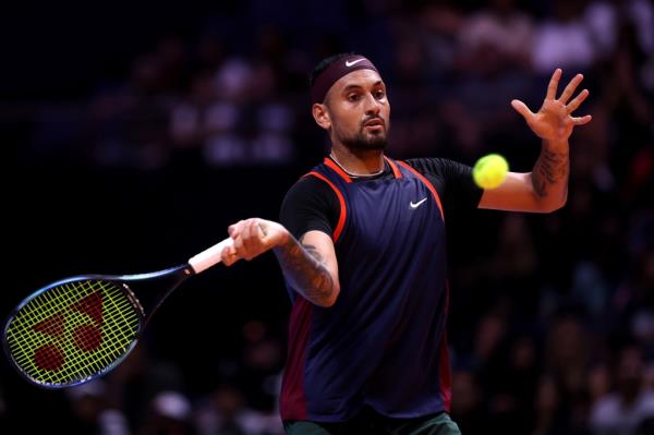 Nick Kyrgios of Eagles in action against Grigor Dimitrov of Falcons during Day 3 of the World Tennis League at Coca-Cola Arena on Dec. 21, 2022 in Dubai, United Arab Emirates. 