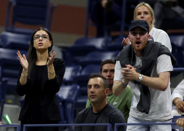 (L-R) Costeen Hatzi, trainer Will Maher and Daniel Horsfall react from the players box during the Men’s Singles Quarterfinal match between Kyrgios and Karen Khachanov at the U.S. Open on Sept. 6, 2022.