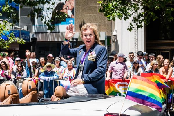 Former US Navy SEAL Chris Beck as Kristin Beck, taking part at the San Francisco Pride Parade in 2019.