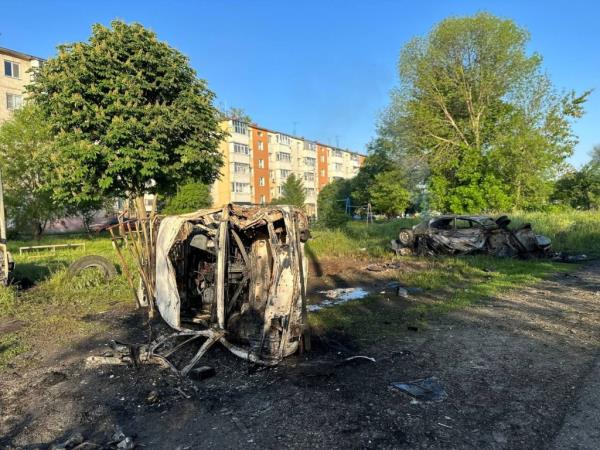 A destroyed car at the scene of Ukrainian artillery fire in the Russian town of Shebekino on May 31, 2023.