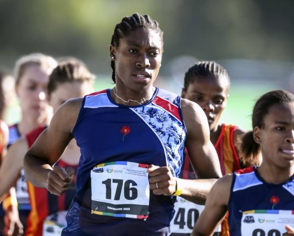 FILE - South African long distance athlete Caster Semenya (176) runs on her way to winning the 5,000 meters at the South African natio<em></em>nal champio<em></em>nships in Pretoria, South Africa, April 15, 2021.