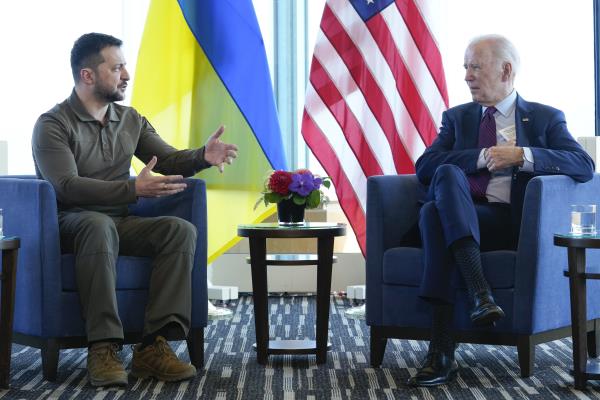 President Joe Biden, right, meets with Ukrainian President Volodymyr Zelenskyy on the sidelines of the G7 Summit in Hiroshima, Japan, Sunday, May 21, 2023.