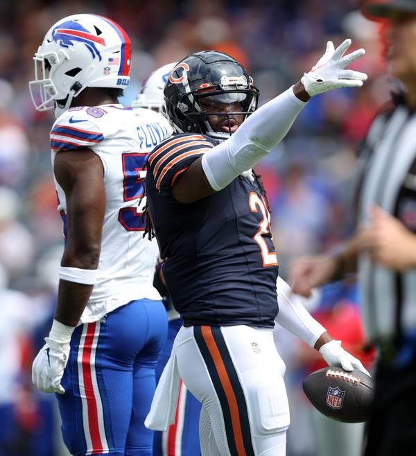 Bears running back D'o<em></em>nta Foreman celebrates after a first down in a preseason game against the Bills on Aug. 26 at Soldier Field. 