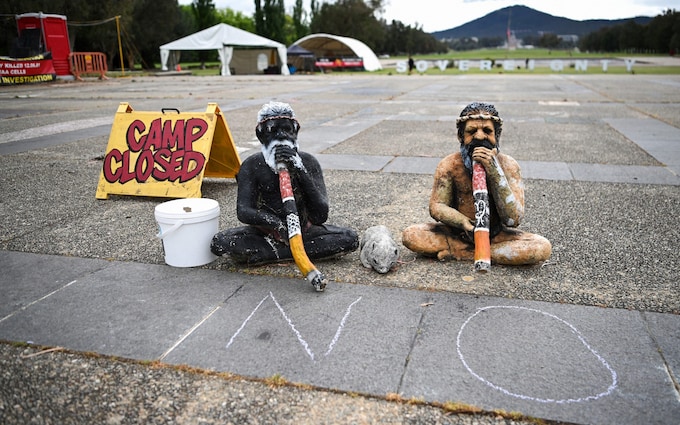 'No' sign is drawn on the ground near the Old Australian Parliament House