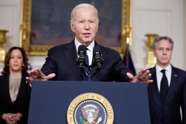 U.S. President Biden makes remarks on the situation in Israel following Hamas' deadly attacks, in Washington