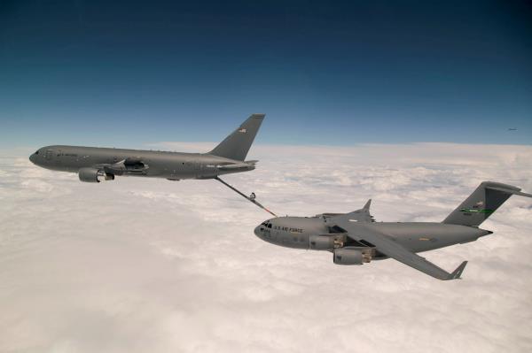 Boeing's KC-46 aerial refueling tanker co<em></em>nducts receiver compatibility tests with a U.S. Air Force C-17 Globemaster III from Joint ba<em></em>se Lewis-McChord, in Seattle