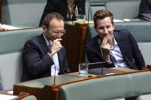 Greens leader Adam Bandt and the party’s spokesperson for housing and homelessness Max Chandler-Mather.