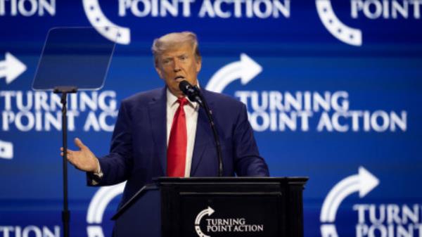 FILE PHOTO: Former US President and Republican presidential candidate Do<em></em>nald Trump gestures as he speaks during the Turning Point Action Co<em></em>nference in West Palm Beach, Florida, US July 15, 2023. REUTERS/Marco Bello/File Photo