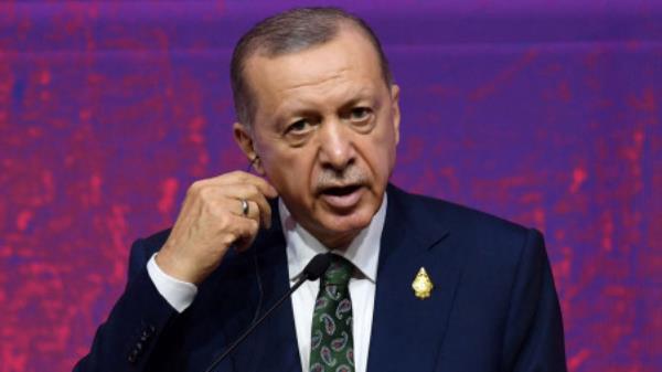 FILE PHOTO: President of Turkey Recep Tayyip Erdogan delivers his messages to the journalists in G20 Summit's news co<em></em>nference in Media Center, BICC, Nusa Dua, Badung Regency, Bali, Indonesia, November 16, 2022. ADITYA PRADANA PUTRA/G20 Media Center/Handout via REUTERS