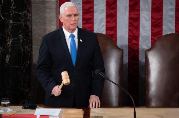 January 6, 2021 US Vice President Mike Pence presides over a joint session of Co<em></em>ngress to certify the 2020 Electoral College results in Washington, DC.