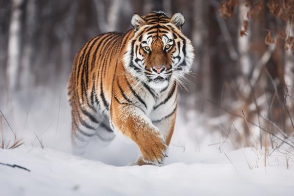 Siberian tiger (Panthera tigris altaica), runs through snow and water, captive, Moravia, Czech Republic