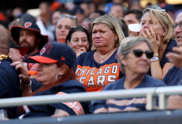 Chicago Bears fans react in the stands late in the fourth quarter of a game against the Packers on Sept. 10, 2023, at Soldier Field. 