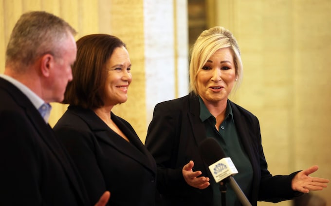 Sinn Fein's members Michelle O'Neill, right, party leader Mary Lou McDonald, centre, and Co<em></em>nor Murphy